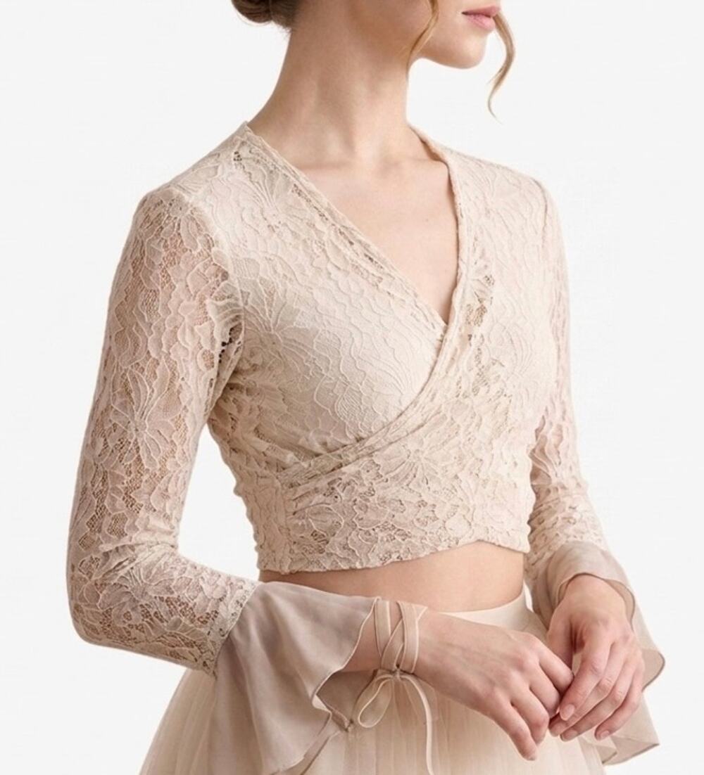 Cream Lace Wrap Top‎ Balletcore Flared Bell Sleeve Cropped Cardigan Fairy S/M